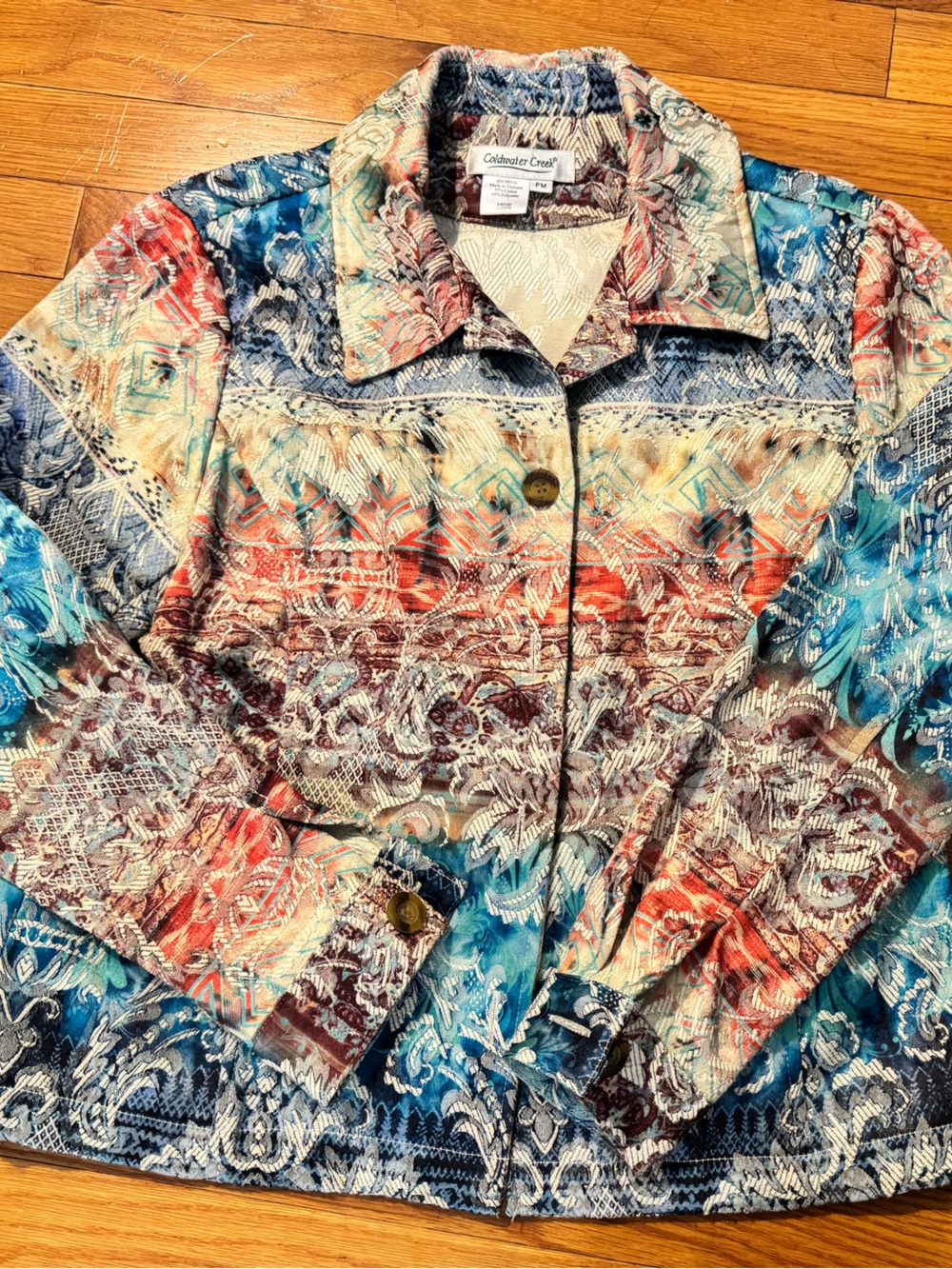 Coldwater Creek Multicolor Coral Turquoise Navy Patterned Jean Jacket